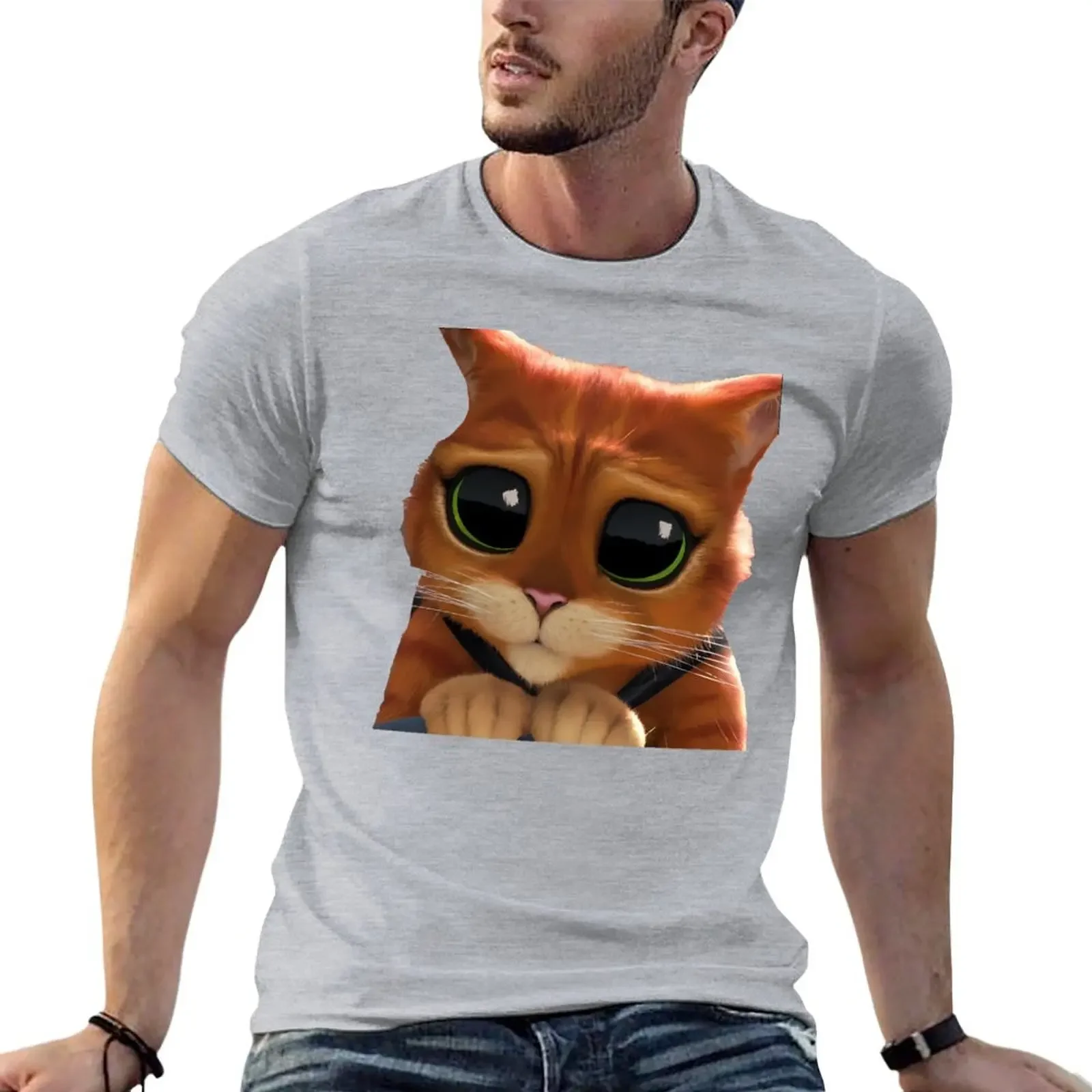 

cute puss in boots T-shirt summer clothes vintage clothes black t shirts for men