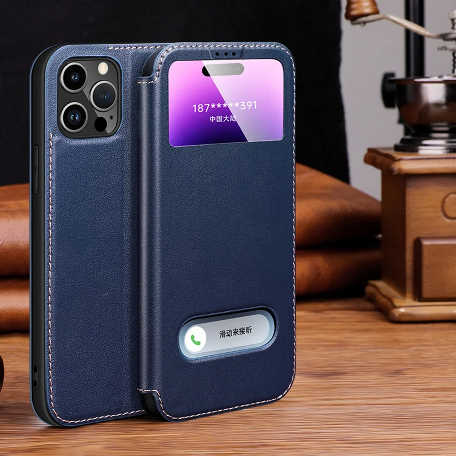 Premium Genuine Leather Magnetic Flip Phone Case with Clear View Window