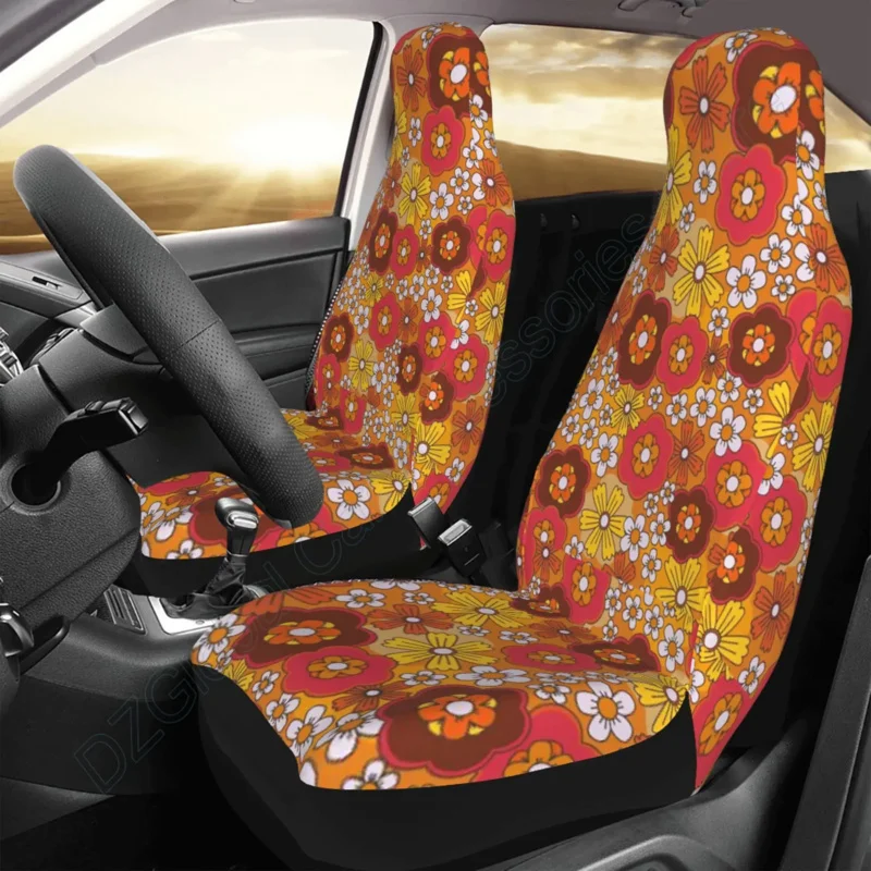 

2 Pack Hippie Flower Car Seat Cover Set 2Pack Set Abstract Groovy Floral Seat Cushion for Vehicle Truck Anti Dirty