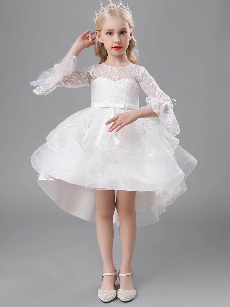 

Long Sleeve High Low Assymetrical Bow Ball Gown Flower Girl Dress First Communion Prom Autumn Fit 3-14 Years