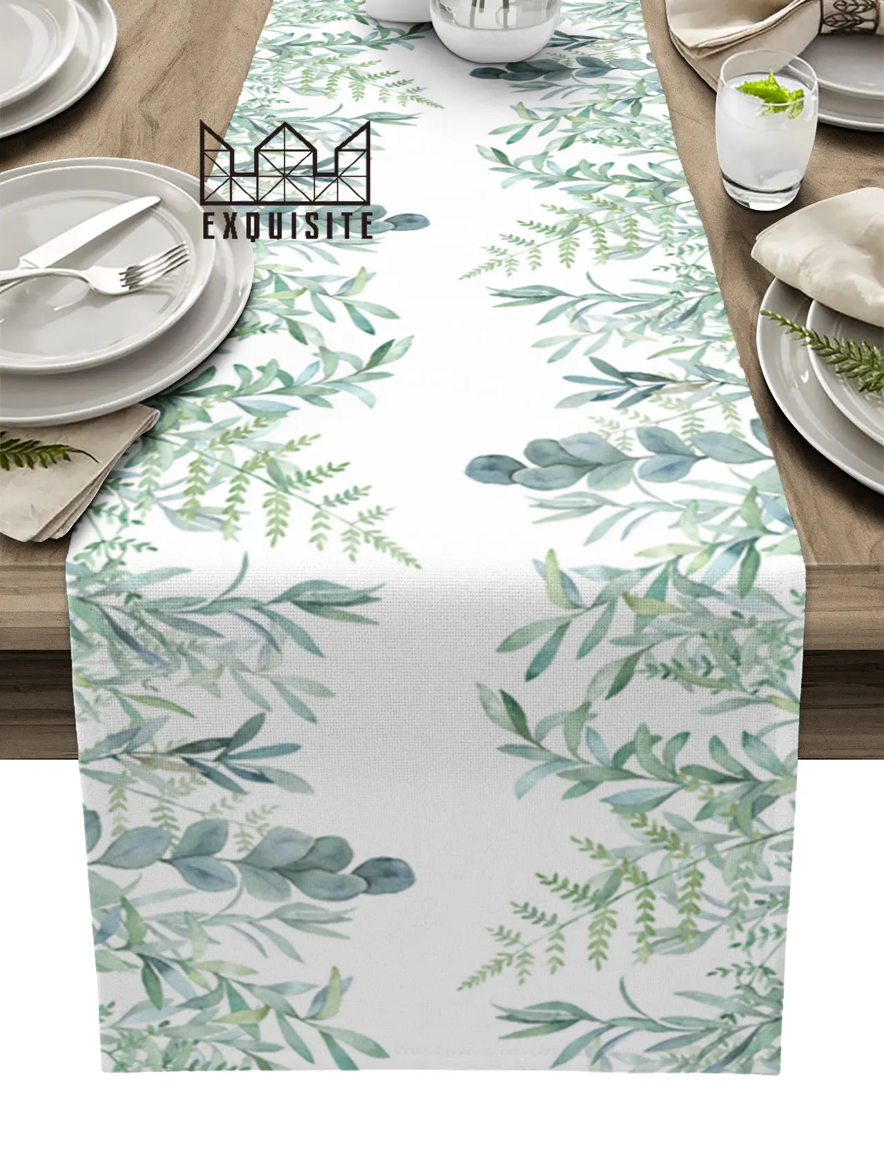 Watercolor Green Leaf Leaves Plant Table Runner Wedding Party Dining