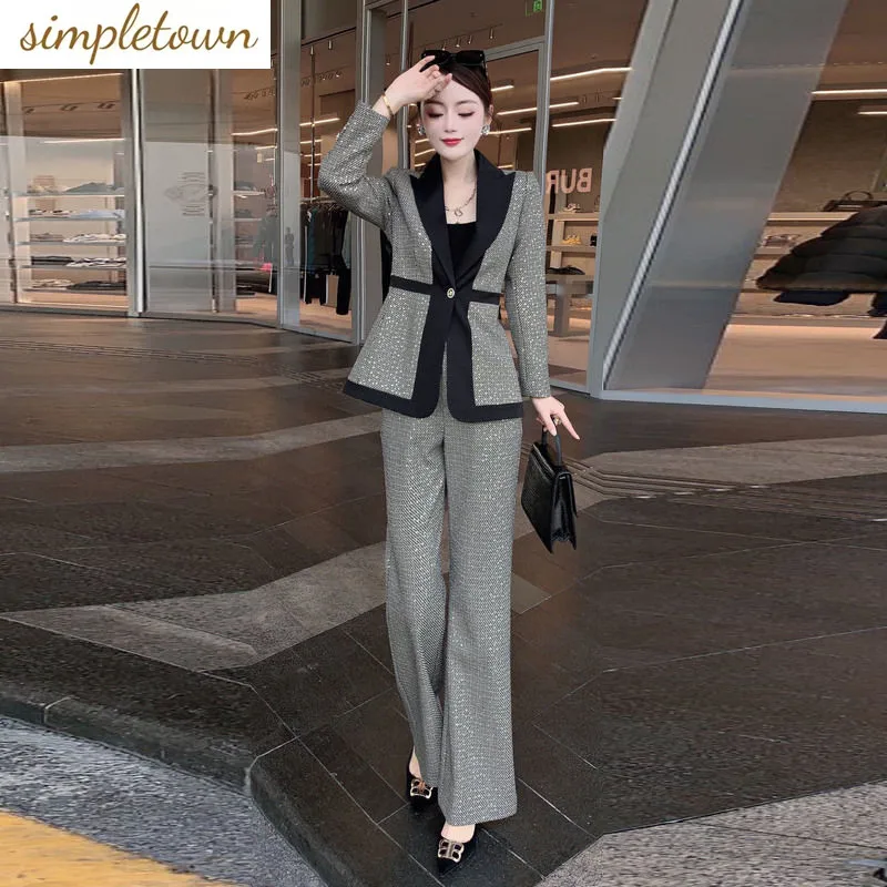 

2023 New Plaid Color Blocking Suit for Women in Spring New Style Style Slim High Waist Bell-bottoms Two Piece Suit Fashion