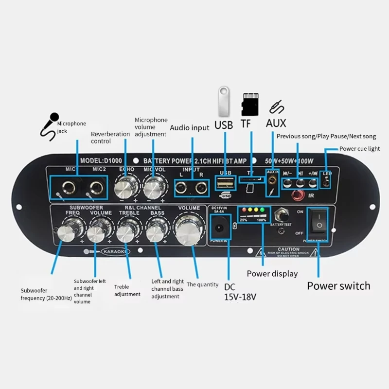 HIFI Bluetooth Rechargeable Audio Amplifier Board 2.1 Channel 50Wx2+100W Support
