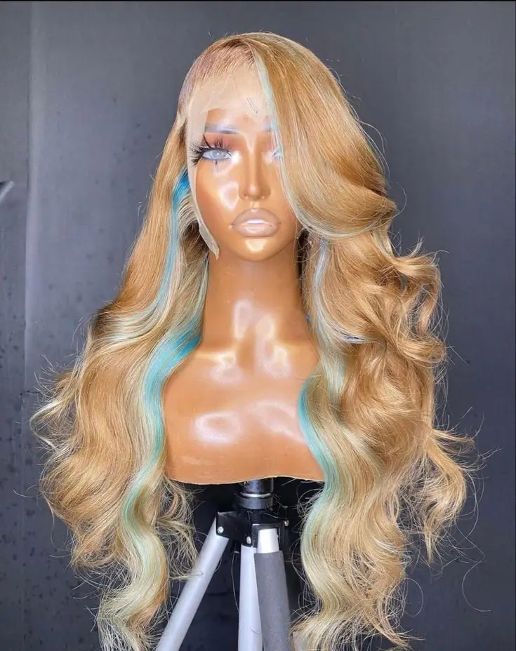 30 Inch Honey Blonde Body Wave Lace Front Human Hair Wigs Highlight Light Blue 13x6 HD Lace Frontal Wigs For Women