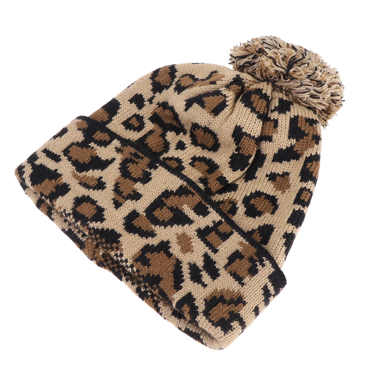 

1PC Knitted Hat Leopard Warm Knit Hairball Beanie for Autumn Men Women (Khaki)