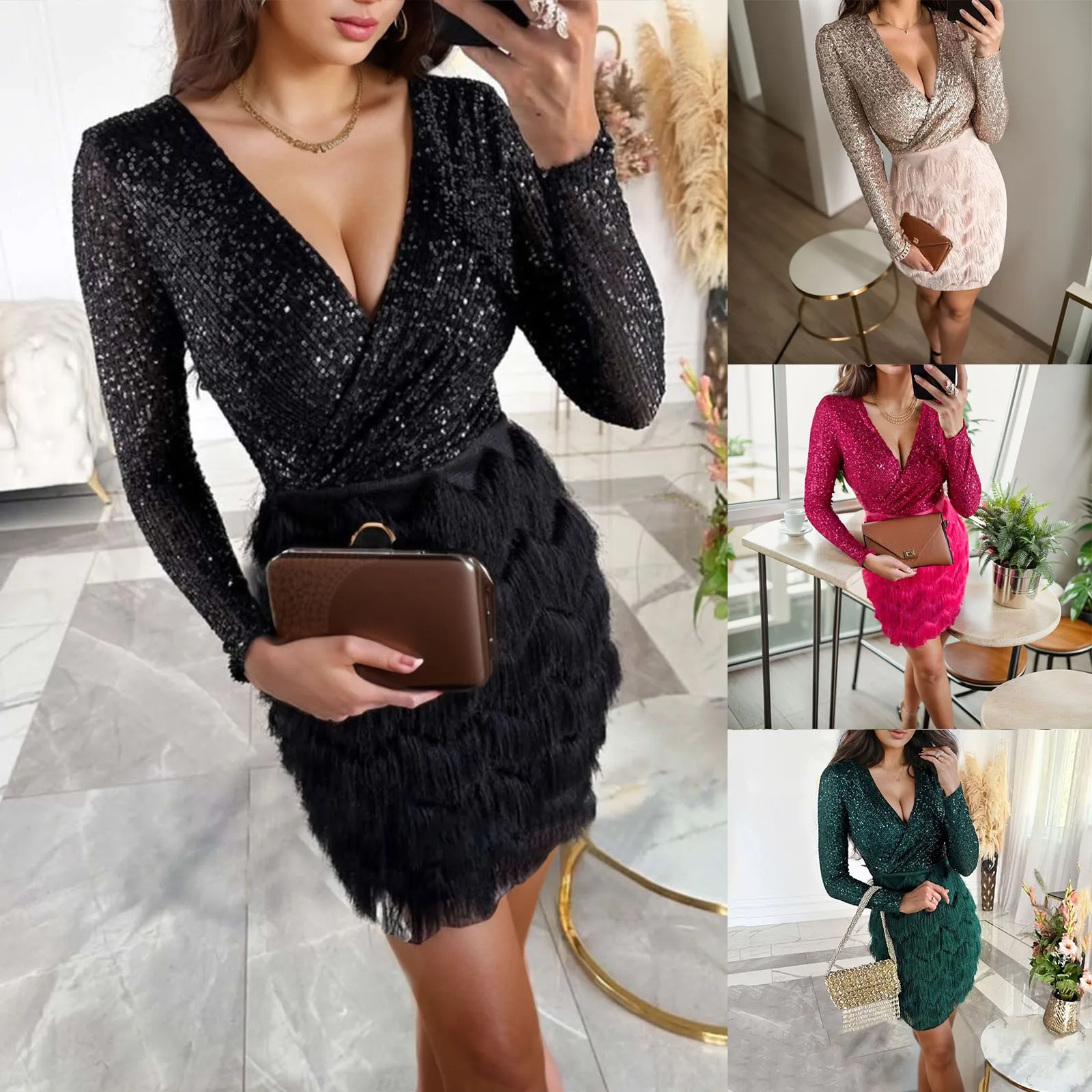 

Однотонное блестящее сексуальное вечернее платье с длинным рукавом и глубоким V-образным вырезом, облегающее платье в стиле пэчворк, облегающие ягодицы, женские платья