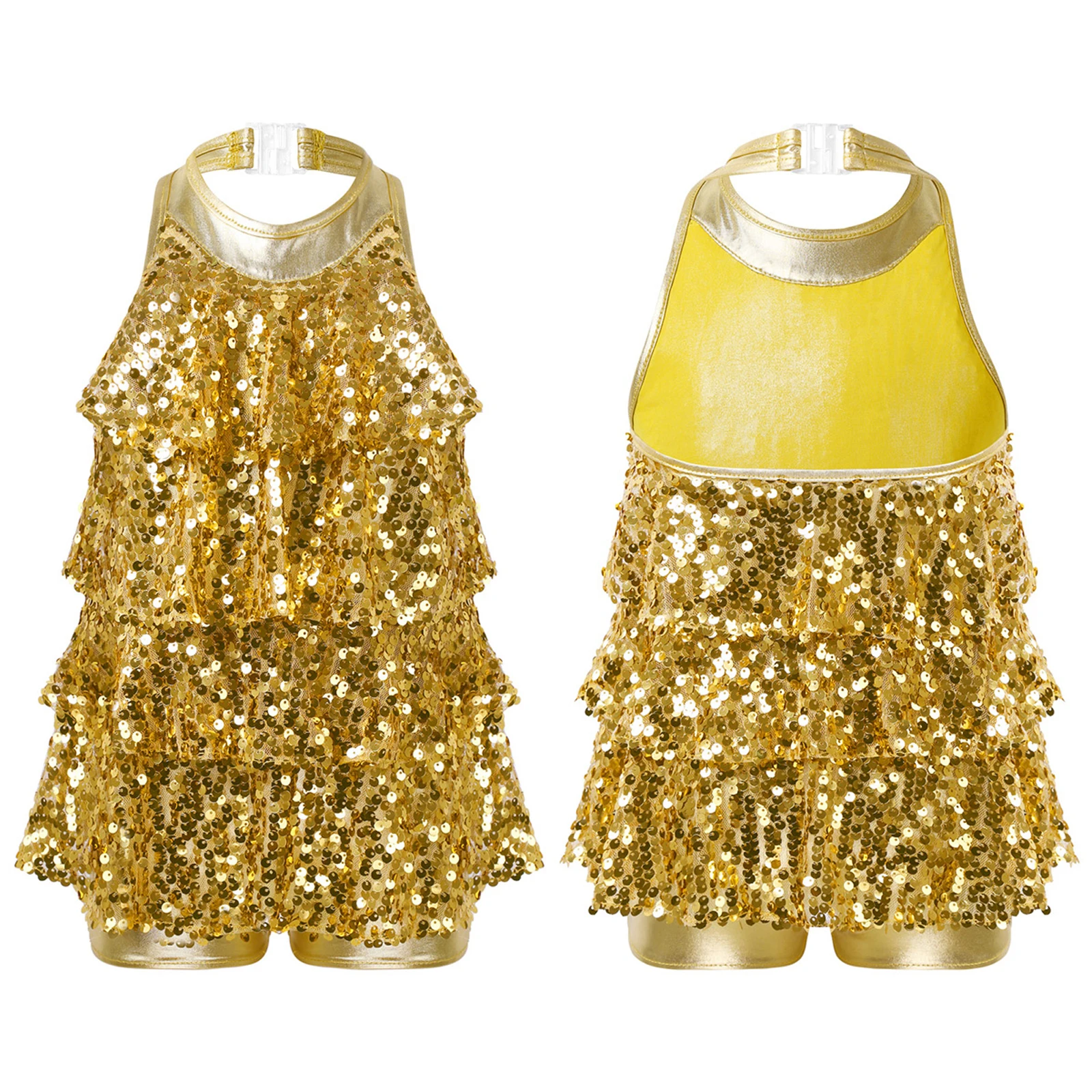 

Kids Girls Shiny Sequins Jazz Latin Modern Ballet Dance Dress Halter Neck Shorty Leotard Skirt Samba Tango Hip Hop Dance Costume