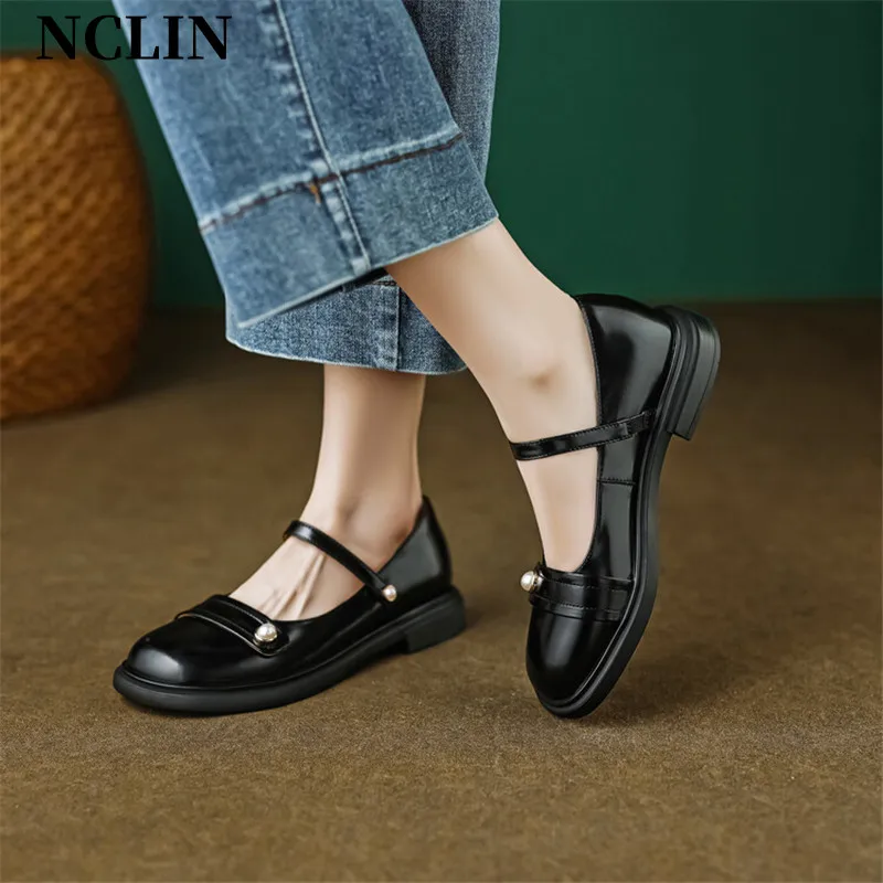 

2024 New Split Leather Low Heel Mary Jane Shoes Spring/summer Woman Shoes Chunky Heel Round Toe Shoes Women Pumps Handmade