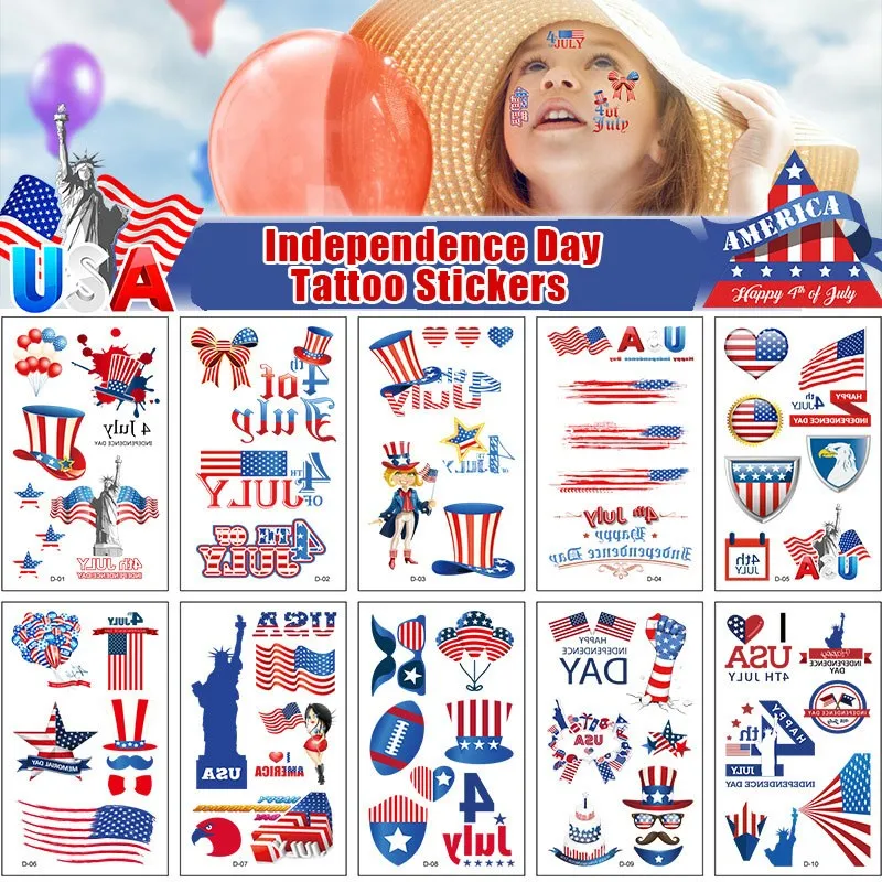 10 American Flag Tattoo Stickers Independence Day Themed Party Waterproof Tattoo Sticker Supplies 4th of July Decorations 5 pcs basketball paper latte gifts birthday decorations theme party supplies photo hanging favor large banner themed