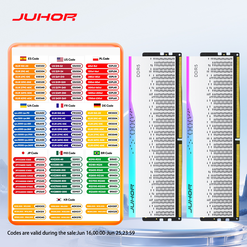 JUHOR RGB DDR5 16GB 5600MHz 6000MHz 6400MHz Desktop Memory Dimm High speed Memoria Ram