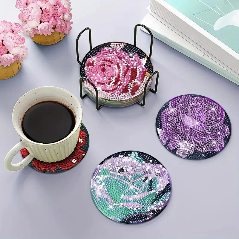 Loisir Créatif DIY Kit Diamond Painting Sous-Verres - 8 Dessous De Verre Fleurs - Kit Déco Diamant