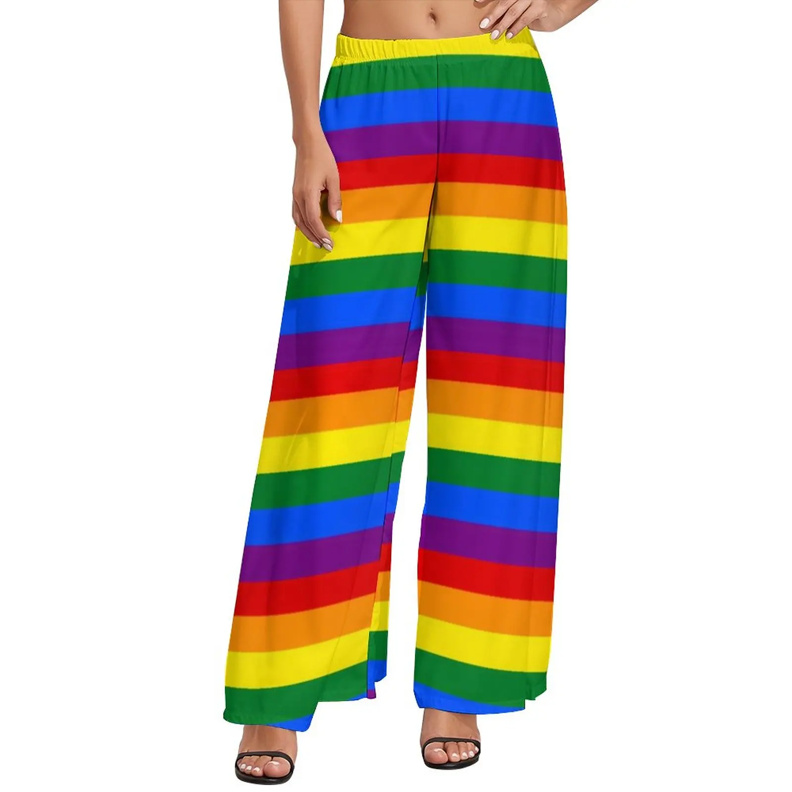 

Classic Rainbow Print Pants Colorful Stripes Office Wide Pants Women Oversized Street Style Graphic Straight Trousers