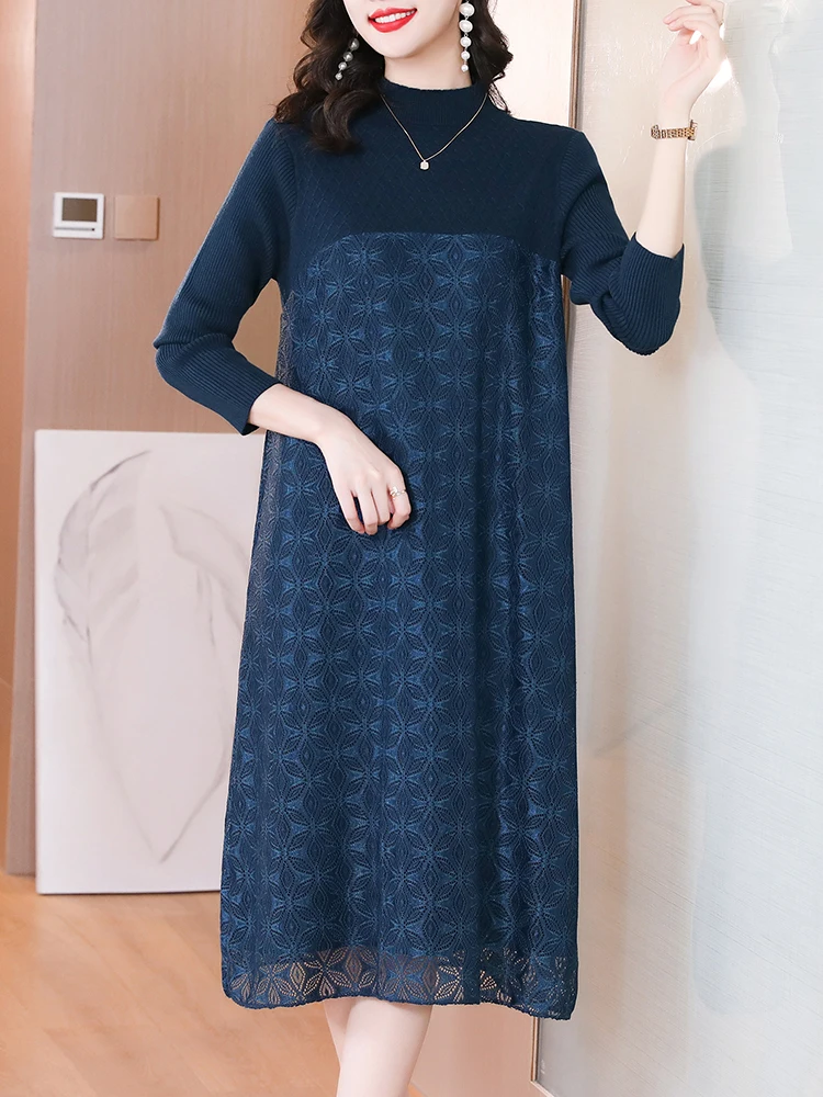 

Женские вязаные шерстяные пуловеры, элегантные свободные свитера составного кроя с кружевом, корейские модные теплые пальто синего цвета для осени и зимы, 2024