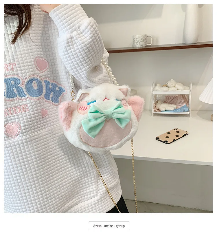 Girl Cute cat plush toy pearl shoulder bag women ins fur cartoon doll handbag messenger phone bag birthday gift