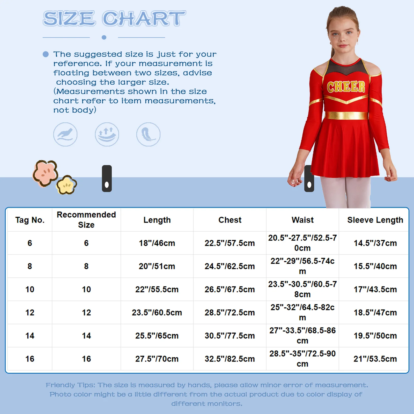Cheerleading Costume Cheerleader Outfit Cheering Uniform for Kids Girls Long Sleeve Dress with Pom Poms Stocks Schoolgirls Cheer Leader Dance Costume