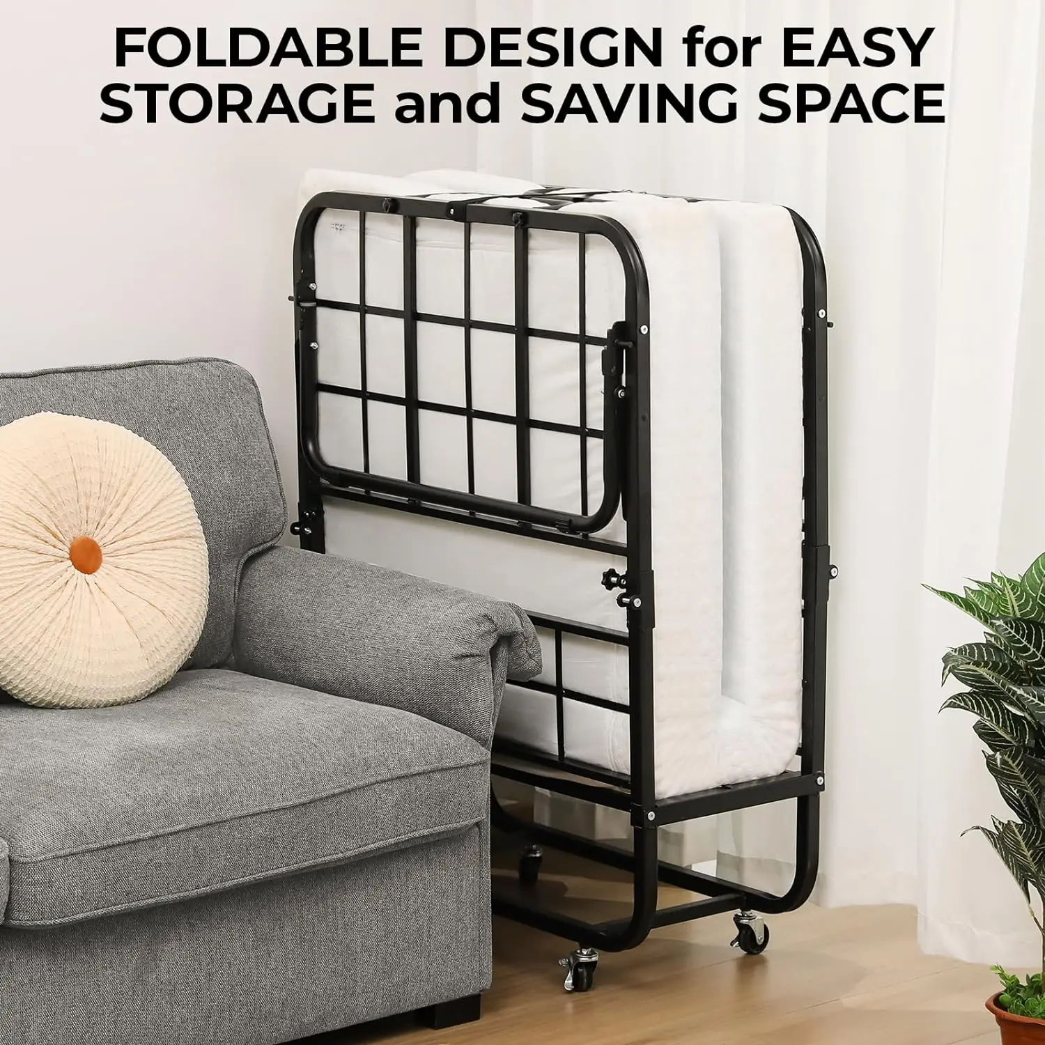 Folding Bed, Adult Guest Bed, Foldable 80x190cm with 10cm Thick Memory Foam Mattress, Single Portable Folding Bed w/ wheels