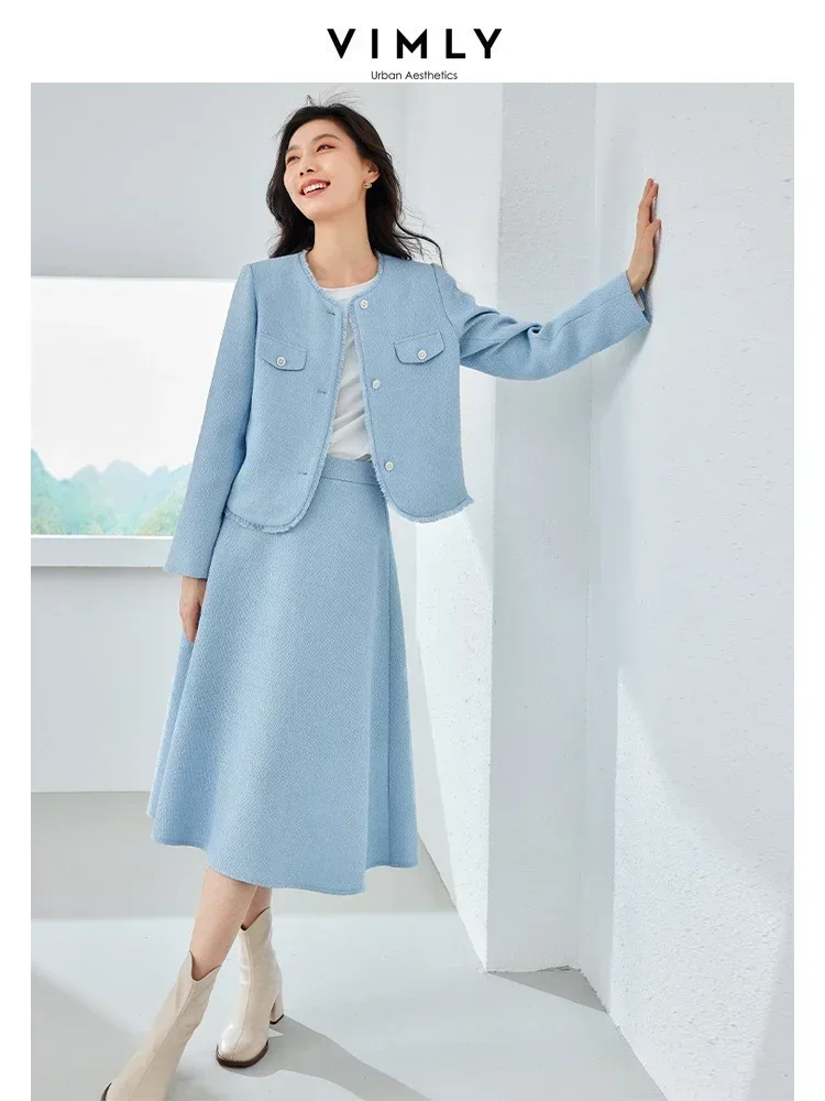 Vimly Elegant Blue Tweed Suit 2 Piece Set for Women Spring Outfits Cropped Jackets Elastic Waist Midi Skirt Matching Sets M3025