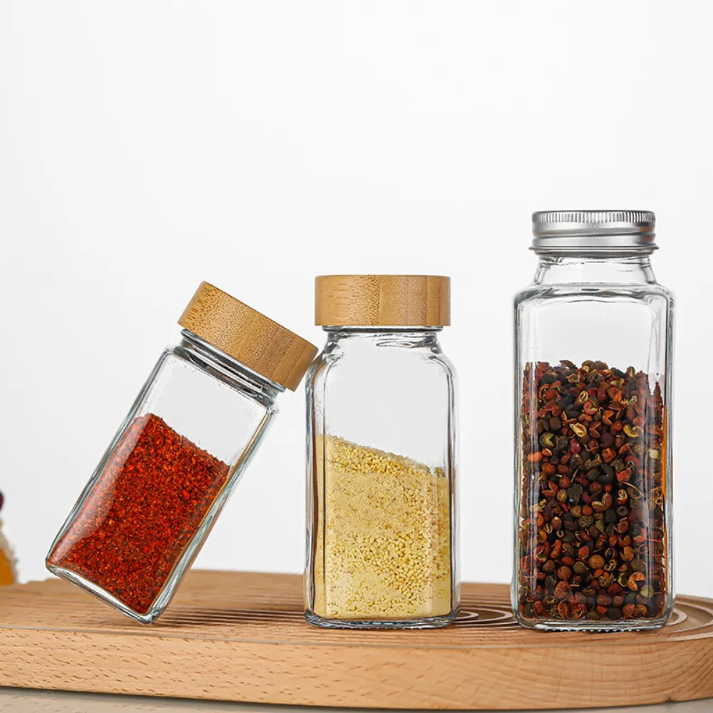 120ml Glass Spice Jars 4oz Square Spice Bottles with Bamboo wood lid Seasoning Airtight Container Kitchen Tools 4