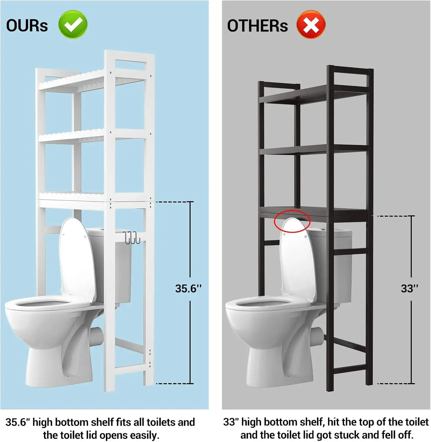 Bamboo 3-Tier Over-The-Toilet Space Saver Organizer Rack, Stable Freestanding Above Toilet Stand with 3 Hooks for Bathroom, 3