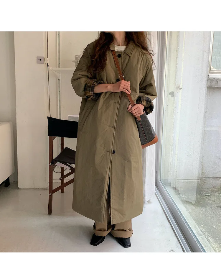Autumn Winter Korean Army Green Warm Jacket Lapel Check Sleeves Straight Coat Fashion Medium Long Ladies Puffer Padded Outwear