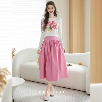 LOUIS YAO T-shirt da donna girocollo in colore a contrasto 2025 Autunno dolce lavorato a maglia a maniche lunghe Tees Chic Street Wear Top per le donne 1