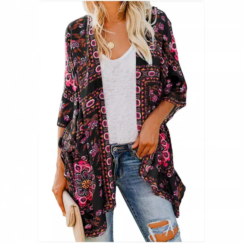 2024 Women's Summer New Patchwork Round Neck Printing Button Pocket Batwing Sleep Fashion Casual Office Lady 3/4 Sleeve Shirts maximilian hecker lady sleep 1 cd