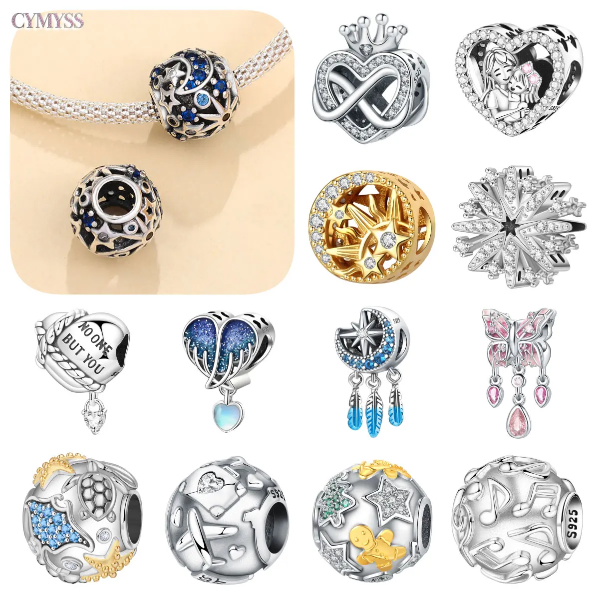 925 Sterling Silber Charm-Perlen Passend für Original-Armbänder Stern Mond Sonne Kreuz Herz Verschiedene Designs DIY Schmuck Party-Geschenke