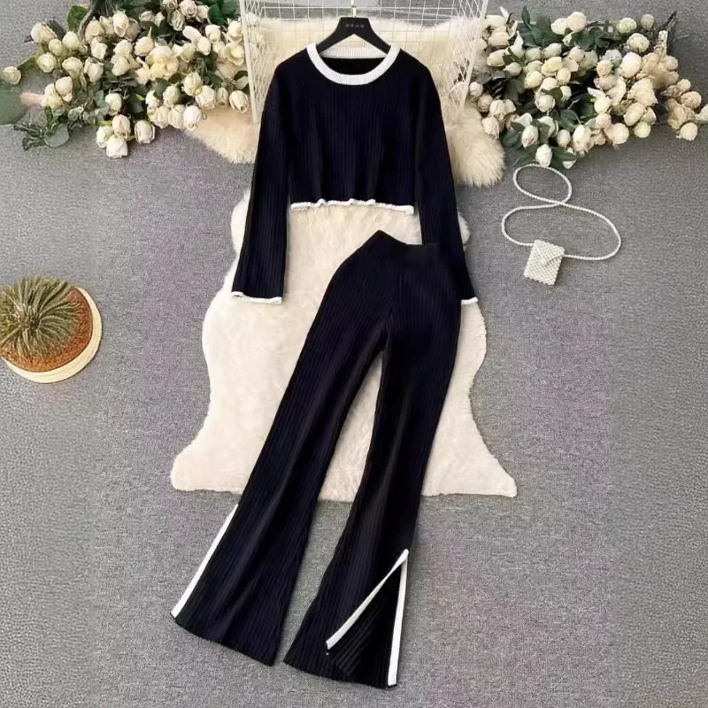 الخريف الشتاء 2 قطع المرأة مجموعات الزي محبوك رياضية سترة برقبة دائرية و واسعة الساق سراويل للجري الدعاوى الإناث