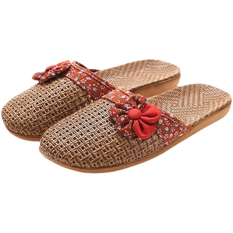 Linen Embroidered Flower Rattan Grass Hand-Woven Home Indoor Men And Women'S Non-Slip Cotton Linen Cool Slippers Natural Environ