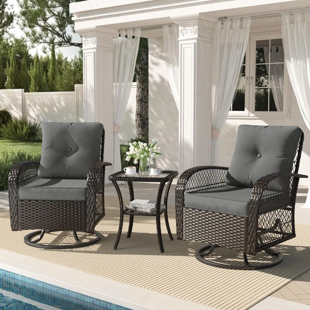 

3 Pieces Patio Furniture Set, Outdoor Swivel Gliders Rocker, Glass Top Side Table Thickened Cushions for Porch Deck Backyard