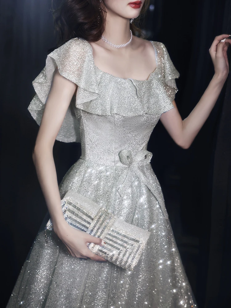 

Женское вечернее платье со звёздным небом, Бандажное блестящее платье с оборками на воротнике, изысканное элегантное серебристое платье