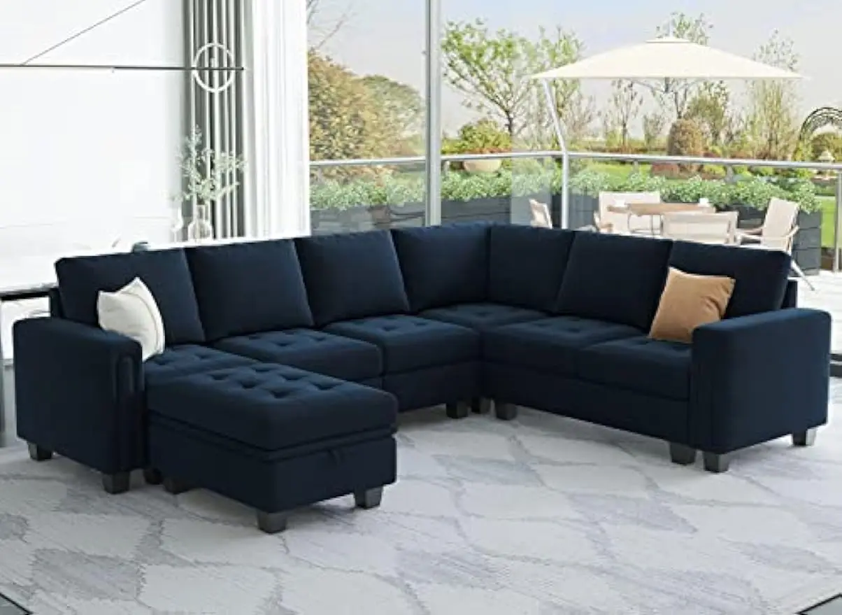Velvet Modular Sectional Sofa with Storage Ottoman 6 Seater L Shaped Sectional Modular Sofa Couch with Sectional Couch Blue