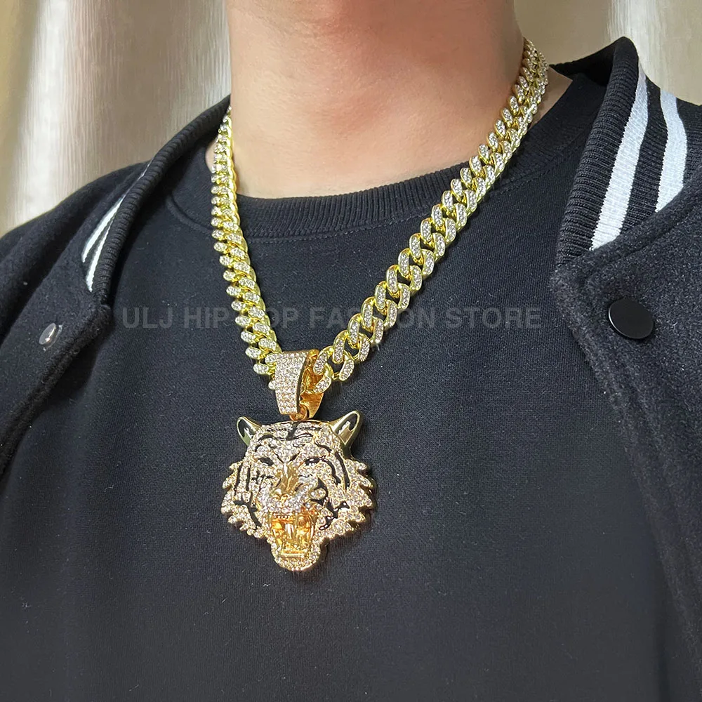 ULJ Men Hip Hop Tiger Head Pendant Necklace with 12mm Miami