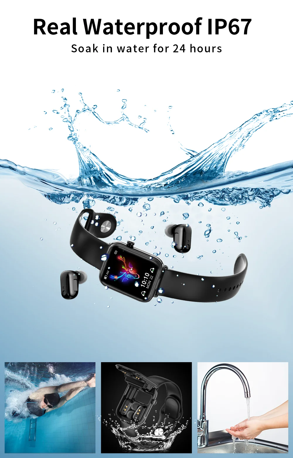 2022 New Smart Watch TWS Bluetooth Headset 2 in 1 Men's IP67 Waterproof Electronic Watch Sports Fitness Heart Rate Smartwatch
