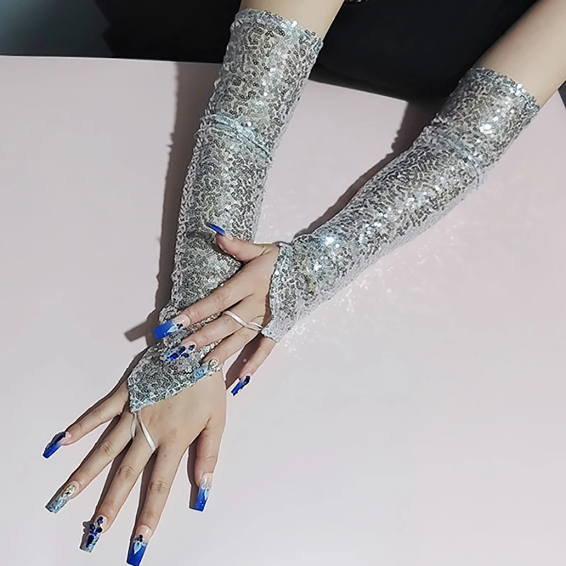 1 Pair Glitter Sequin Women Long Hook Finger Gloves Carnival Party Performance Opera Elbow-length Fingerless Sexy Mittens