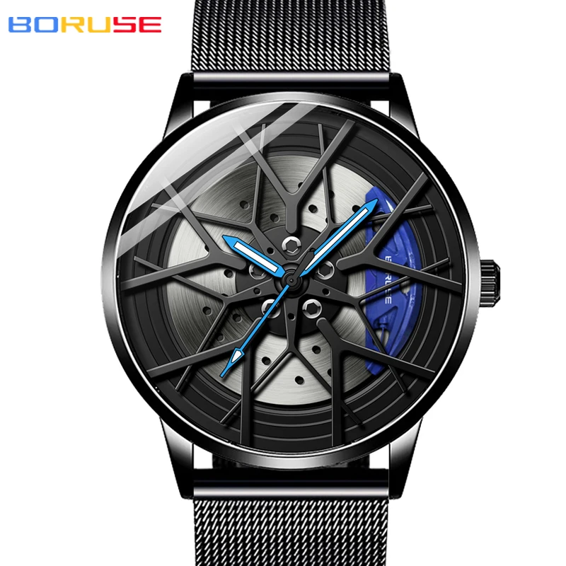 BORUSE Fashion Mens Car Wheel Watches Luxury Stainless Steel Mesh Watch Men Quartz Wristwatch Male Clock montre homme spring children casual shoes girls boys male female sneaker high elastic foot wrapping baby flying mesh sock shoes