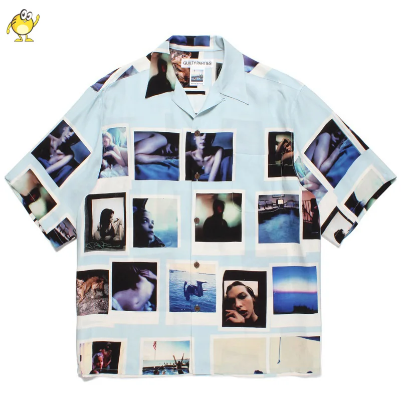 Hawaiian WACKO MARIA Shirts Tee Checkered Photo Print Buttons Lapel Beach Men Woman High Quality Streetwear