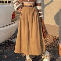 Vintage High-Waisted Slimming Corduroy Skirt For Women Spring Autumn Medium-Length Hip Covering A- Line Flared Skirt