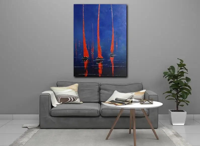 

seascape on canvas Red sails painting Big blue artwork Abstract Extra large size art Modern office decor Nautical interior