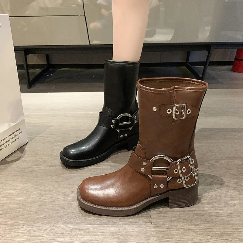 High Quality Ladies Shoes 2026 Autumn Winter New Women's Western Cowboy Boots Retro Brown Belt Buckle Round Head High Boots