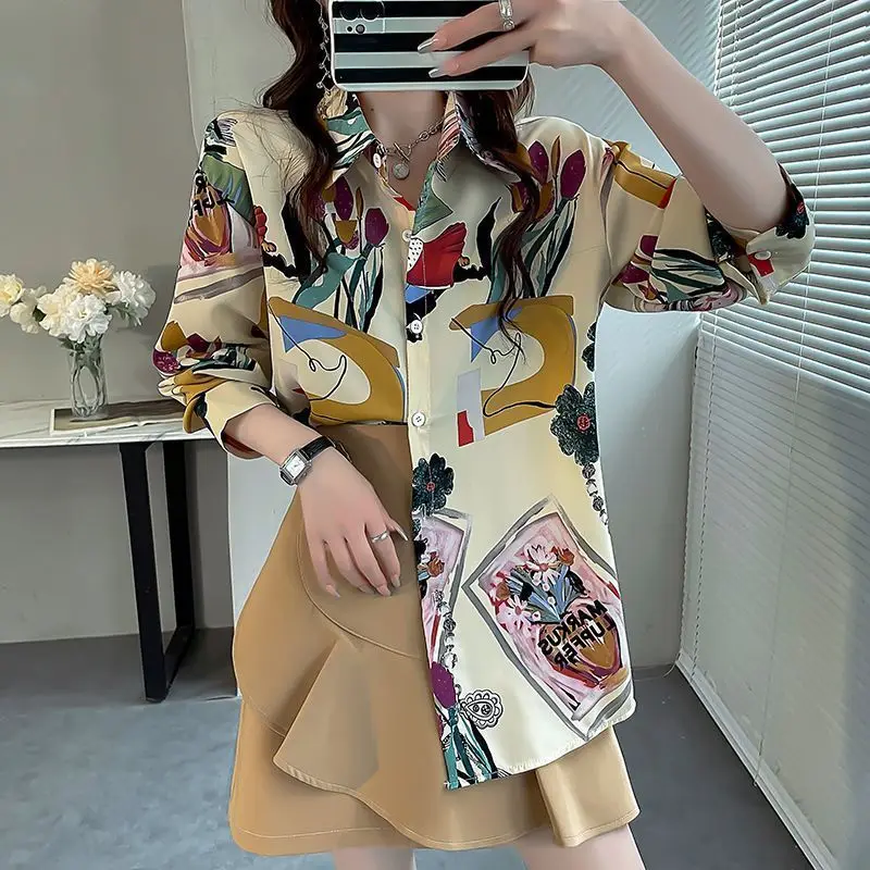 Spring Summer POLO Collar High Street Long Sleeve Shirt Women High Street Loose Printing Button Cardigan Vintage Elegant Tops