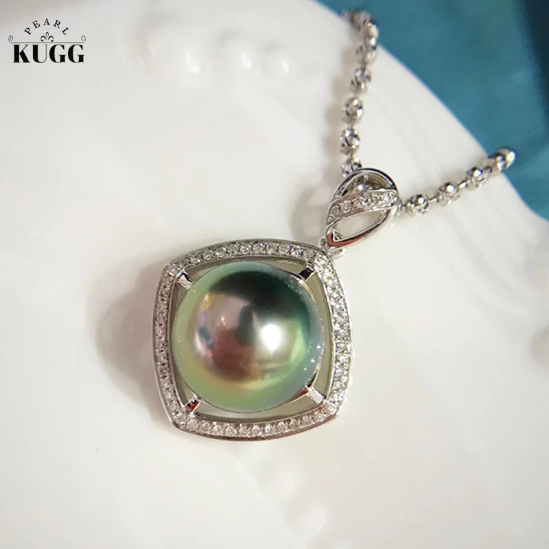 KUGG 18K White Gold Necklace10-11mm Natural Tahiti Black Pearl Luxury Diamond Fine Shiny Design Wedding Jewelry for Women