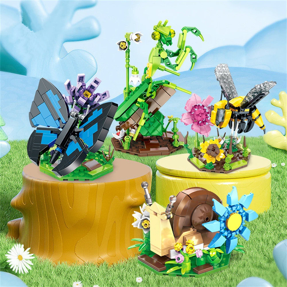 Cute Animals Insect World Building Blocks Bricks Model Kids Toy Children Cute Animals Insect World Insect Flower Butterfly Mantis Snail Bee Plant Figures