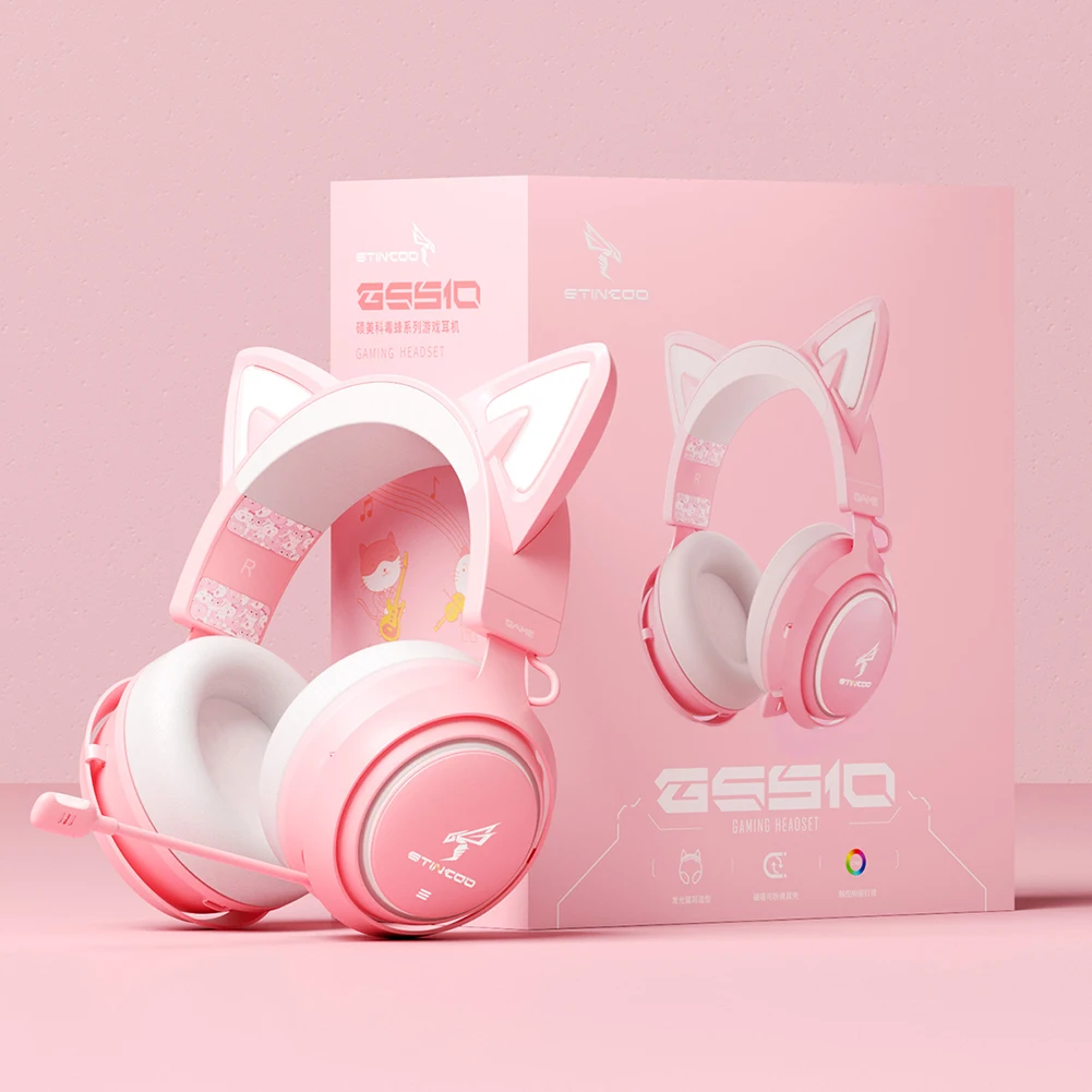 Gaming Headset Audifonos Rosas Con Orejas De Gato Somic