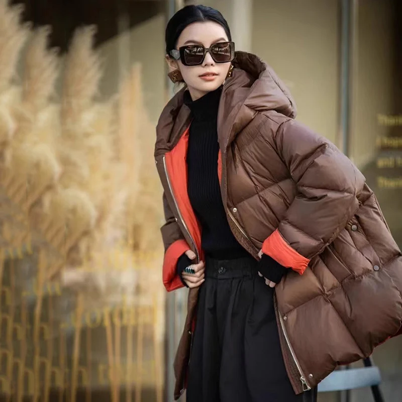 Schinteon Women Down Jacket Casual Loose Over Size Warm Autumn Winter Outwear White Duck Down with Hood Fashion Coat 2024 New 6