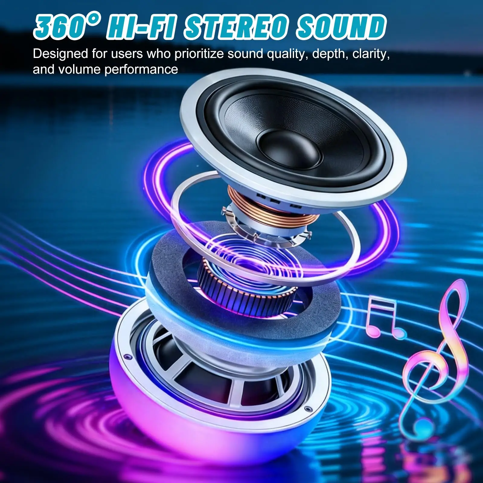 블루투스 스피커가 포함된 플로팅 풀 조명 2팩, IP68 RGB LED 2-in-1, 360 ° 수영장 스파 야외 파티를 위한 서라운드 사운드