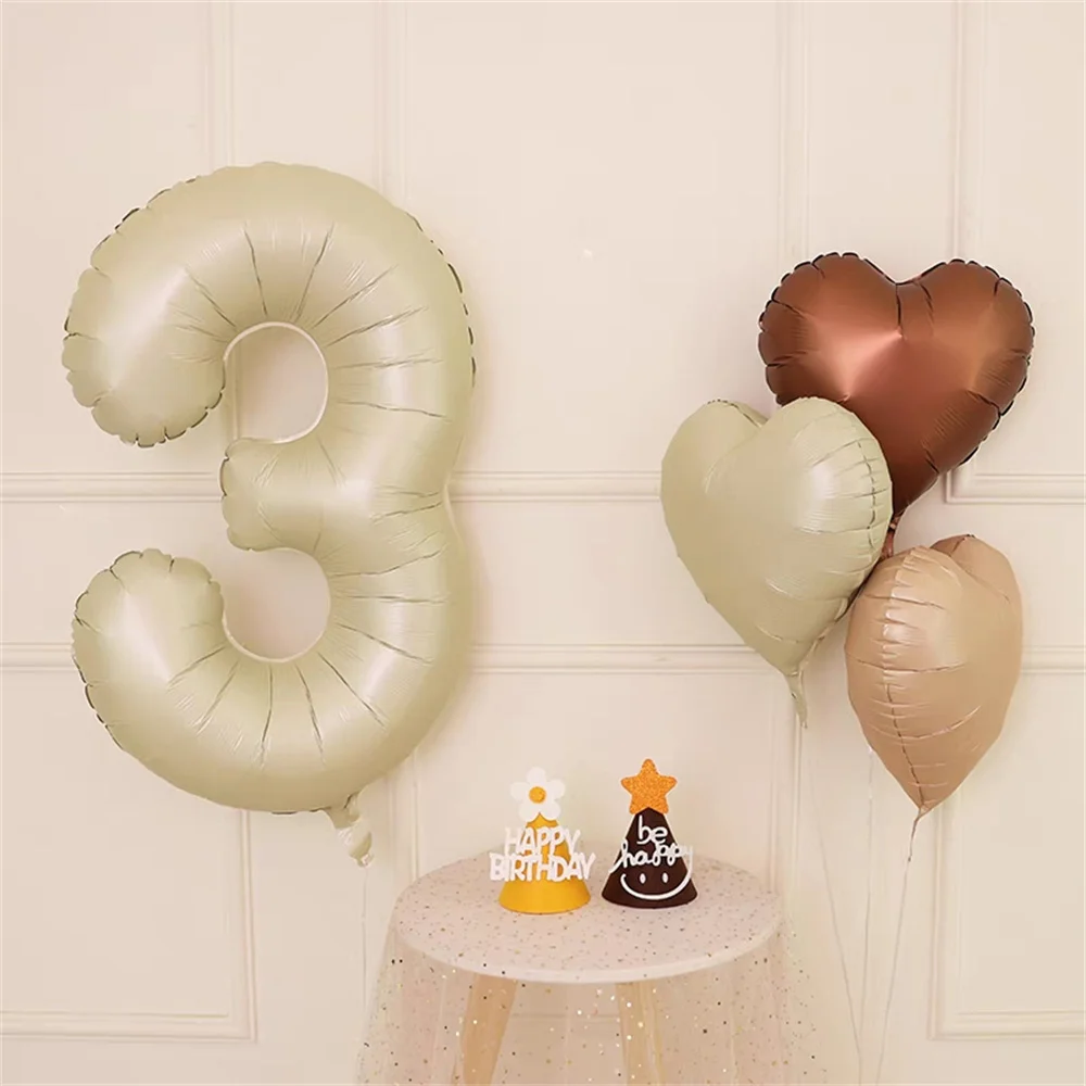 6Pcs Retro Caramel Beige Cream Number Foil Balloons 18inch Heart Balloons foil number balloons foil balloons birthday balloons birthday balloon set party balloon set birthday party decoration set Kids 1 2 3th Birthday Baby Shower Party Decoration