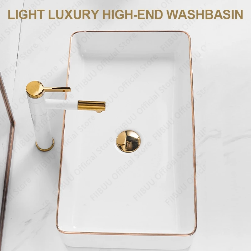 White Ceramic Table Sink With Golden Edge Countertop Vanity Sink Bathroom Lavatory Balcony Vessel Sink Above Counter Wash Basin 3