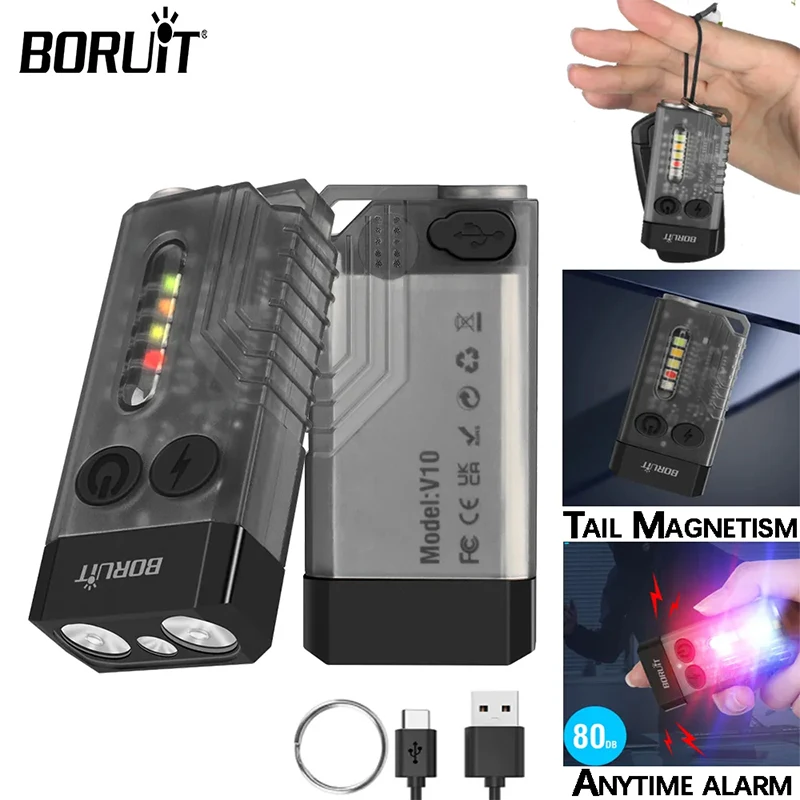 BORUiT V10 Super Bright Mini EDC LED Flashlight Keychain Type-C Rechargeable Lamp Fishing Camping Lantern UV Light Pocket Torch