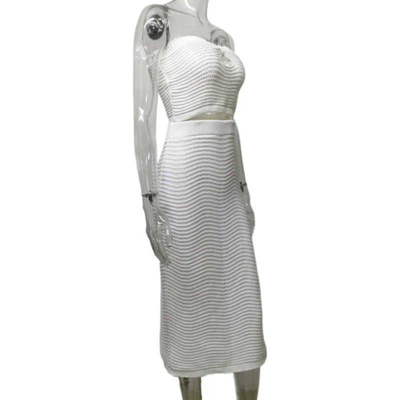 Female Knit Off-Shoulder Midi Skirt 2 Piece-Set High Split Long Skirt And Hollow Out Tube Tops Sets Elegant Ladies Outfits